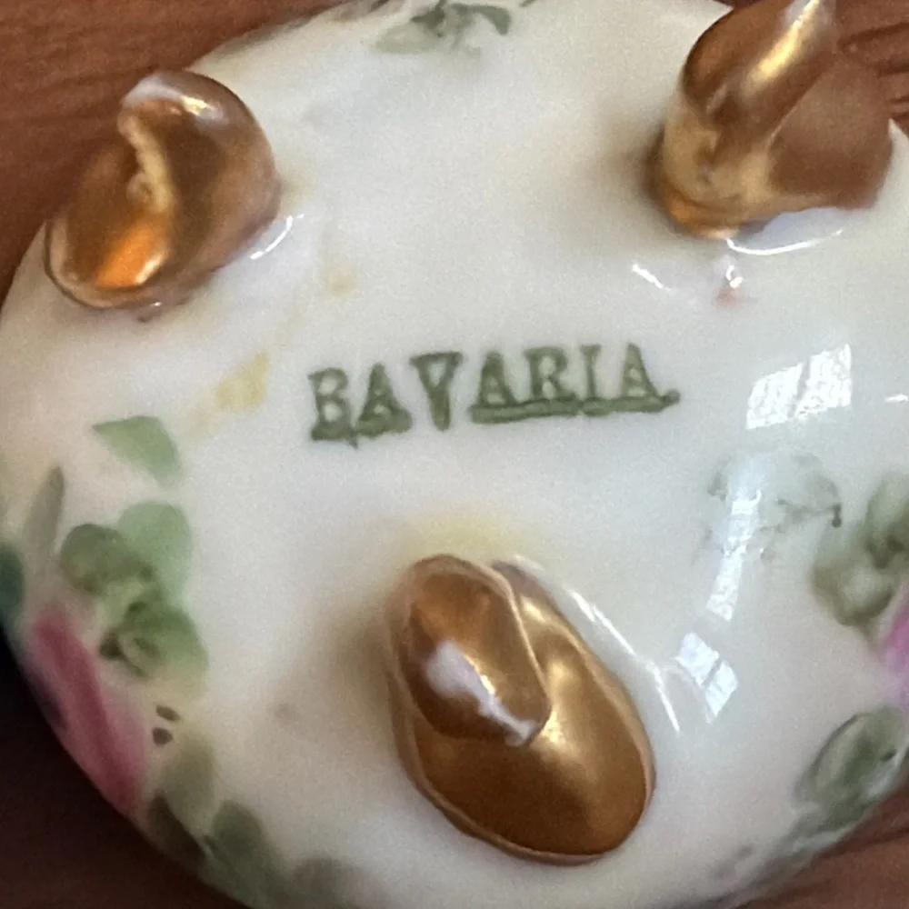 Vintage Bavaria Porcelain Salt Cellars Floral Gold Feet Pair Rose